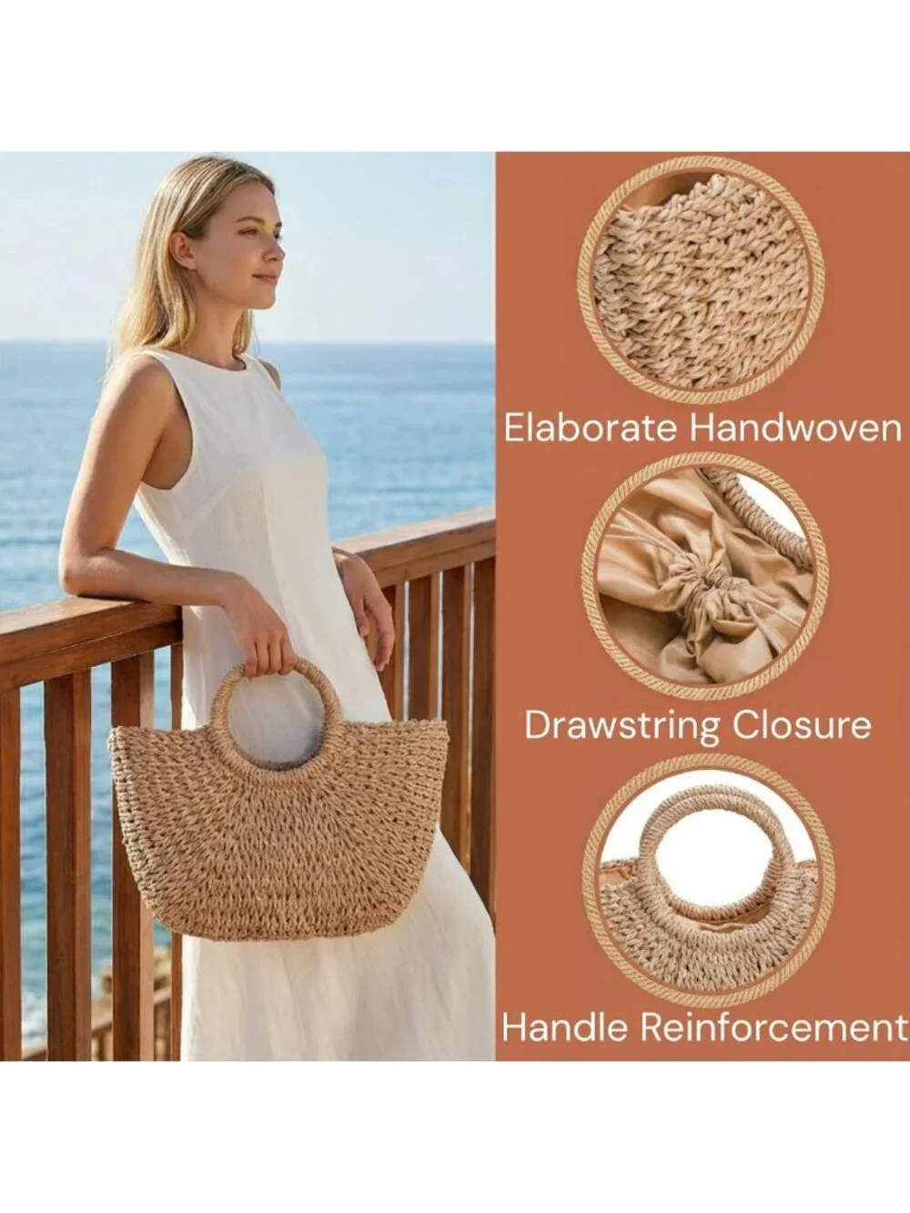 Large Handwoven Straw Beach Bag - Casual Rattan Tote & Clutch for Summer Travel